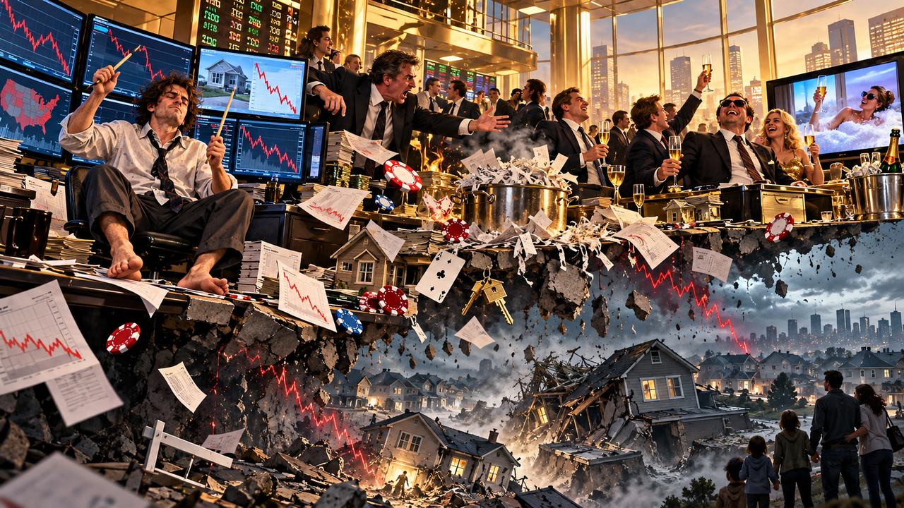 Satirical illustration of The Big Short, with eccentric Wall Street investors above a collapsing housing market during the 2008 financial crisis.