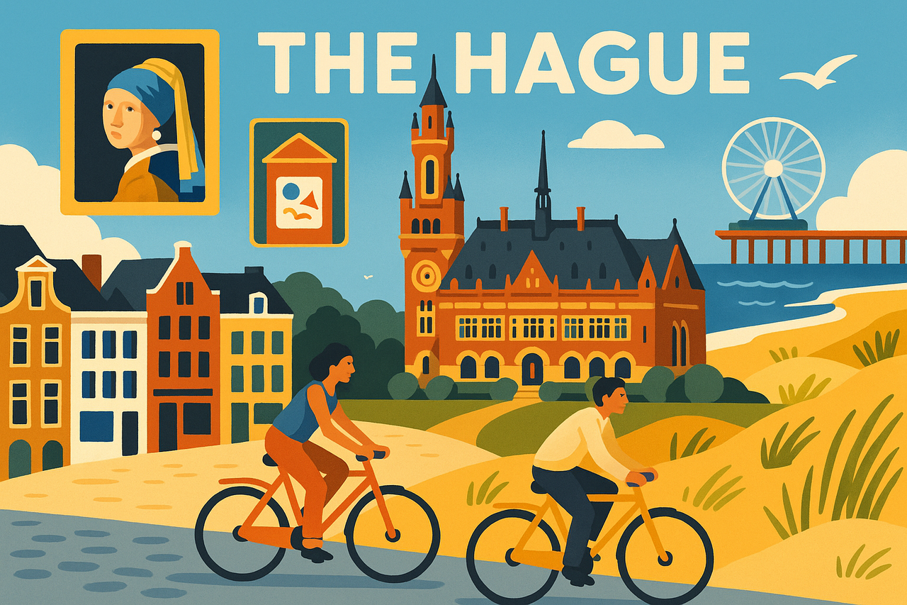 A vibrant travel illustration of The Hague featuring the Peace Palace, Scheveningen beach, cyclists, dunes, charming streets, and glowing art museum icons — symbolizing the city’s mix of culture, seaside calm, and international flair.