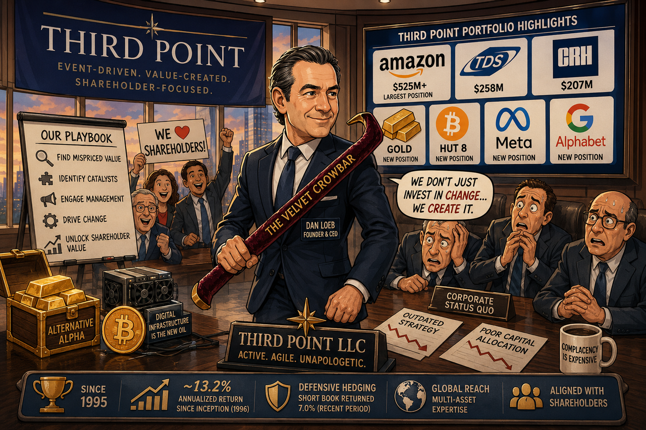 Cartoon-style illustration of billionaire hedge fund manager Daniel Loeb carrying a velvet-covered crowbar while walking through a corporate boardroom. Around him are symbols of Amazon packages, gold bars, Bitcoin coins, and corporate restructuring plans