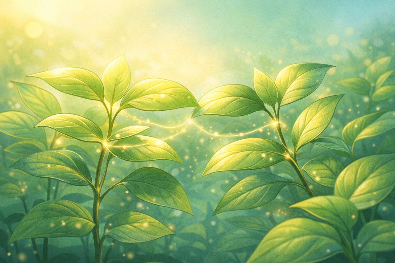 Illustration of green plants touching leaves and sharing glowing signals, symbolizing how plants become more resilient to stress when they grow together