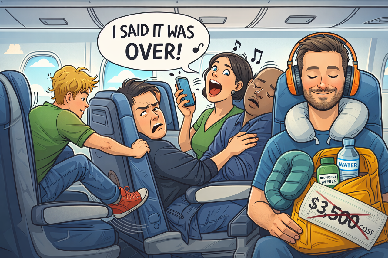 A humorous airplane scene with passengers displaying common travel annoyances like seat kicking and loud phone calls, while one prepared traveler remains calm with headphones and travel essentials.