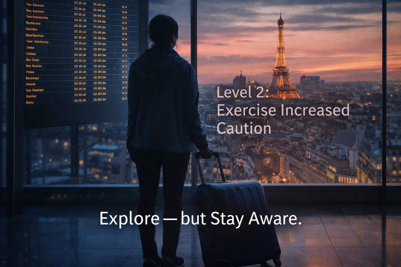 A traveler with a suitcase at an airport looking at a departure board, with a Paris skyline and a subtle “Level 2 Travel Advisory” overlay symbolizing cautious but inspired international travel.