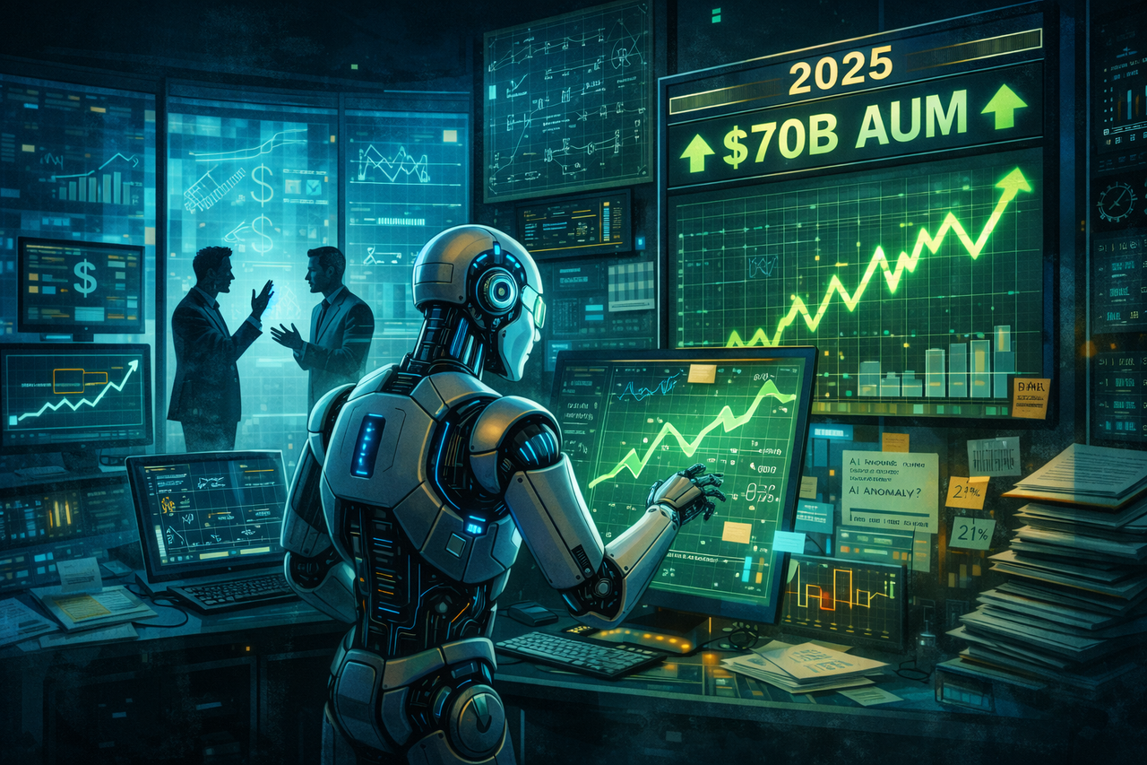 Illustration of a futuristic quant lab with charts and a 2025 scoreboard, symbolizing Two Sigma’s hedge fund performance and data-driven investing comeback