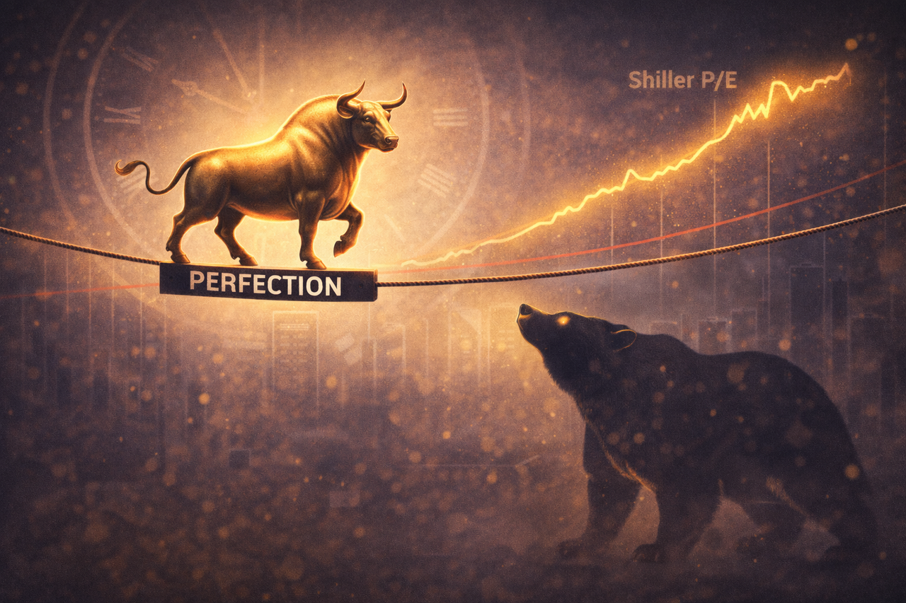 Editorial illustration of a stock market bull balancing on a tightrope labeled “Perfection” above valuation charts showing the Shiller P/E ratio far above its historical average, symbolizing markets priced for perfection and downside risk.