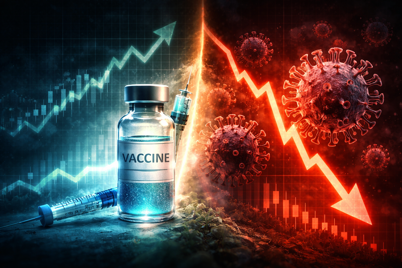 Glowing vaccine vial contrasted with rising virus particles and financial chart arrows representing declining trust and increasing health risk