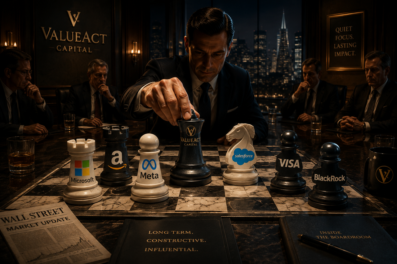 Cinematic illustration of a quiet activist hedge fund manager strategically moving giant corporate chess pieces representing major tech and financial firms inside a dark luxury boardroom, symbolizing ValueAct Capital’s stealth influence over Wall Street.