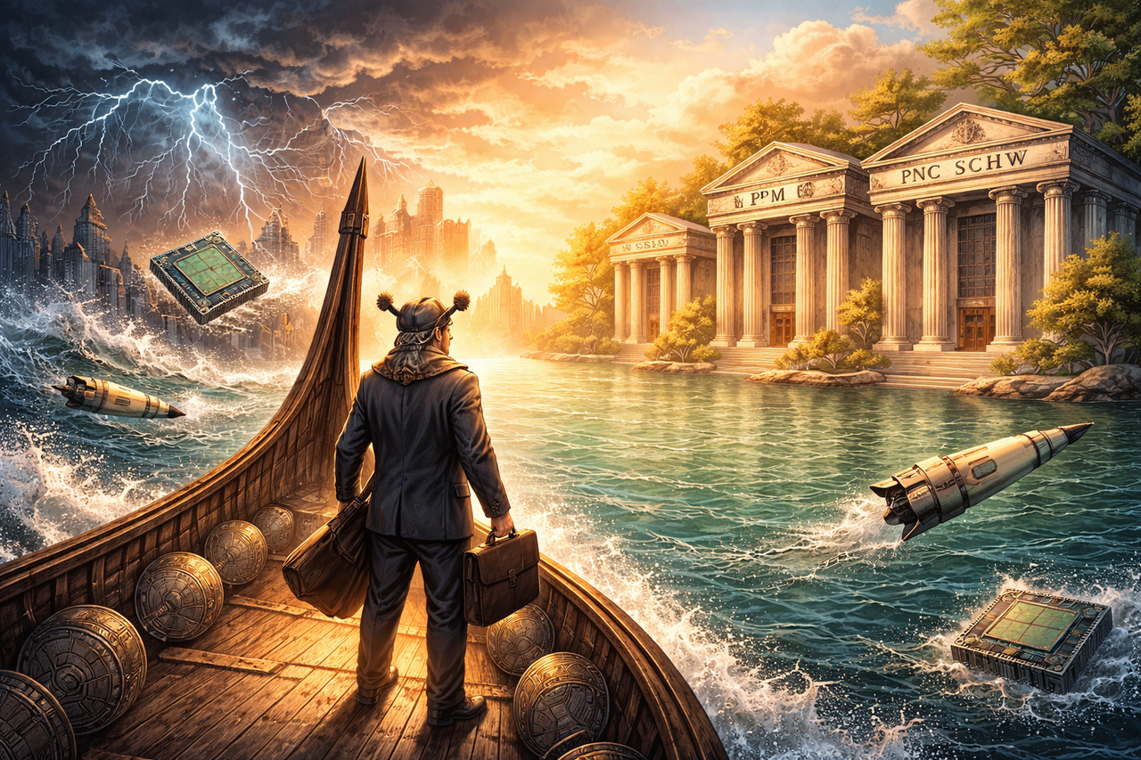 Illustration of a Viking ship leaving stormy AI-themed seas and entering a calm harbor guarded by large bank buildings, symbolizing Viking Global’s shift from tech to financial stocks.