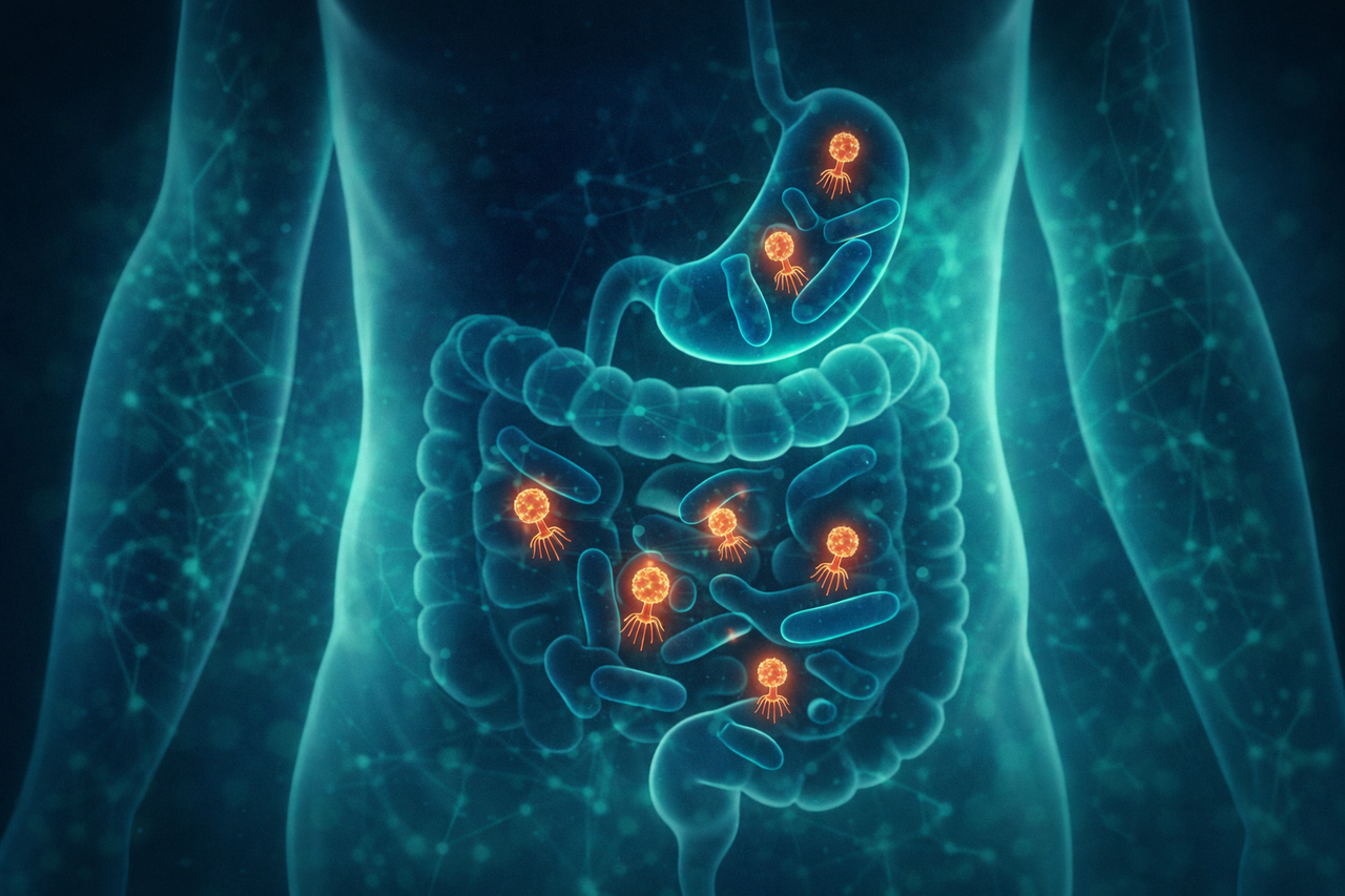 Digital illustration of a human torso silhouette highlighting the gut, showing glowing blue bacteria with embedded red viral particles inside them, symbolizing hidden prophages influencing gut health and colorectal cancer risk.