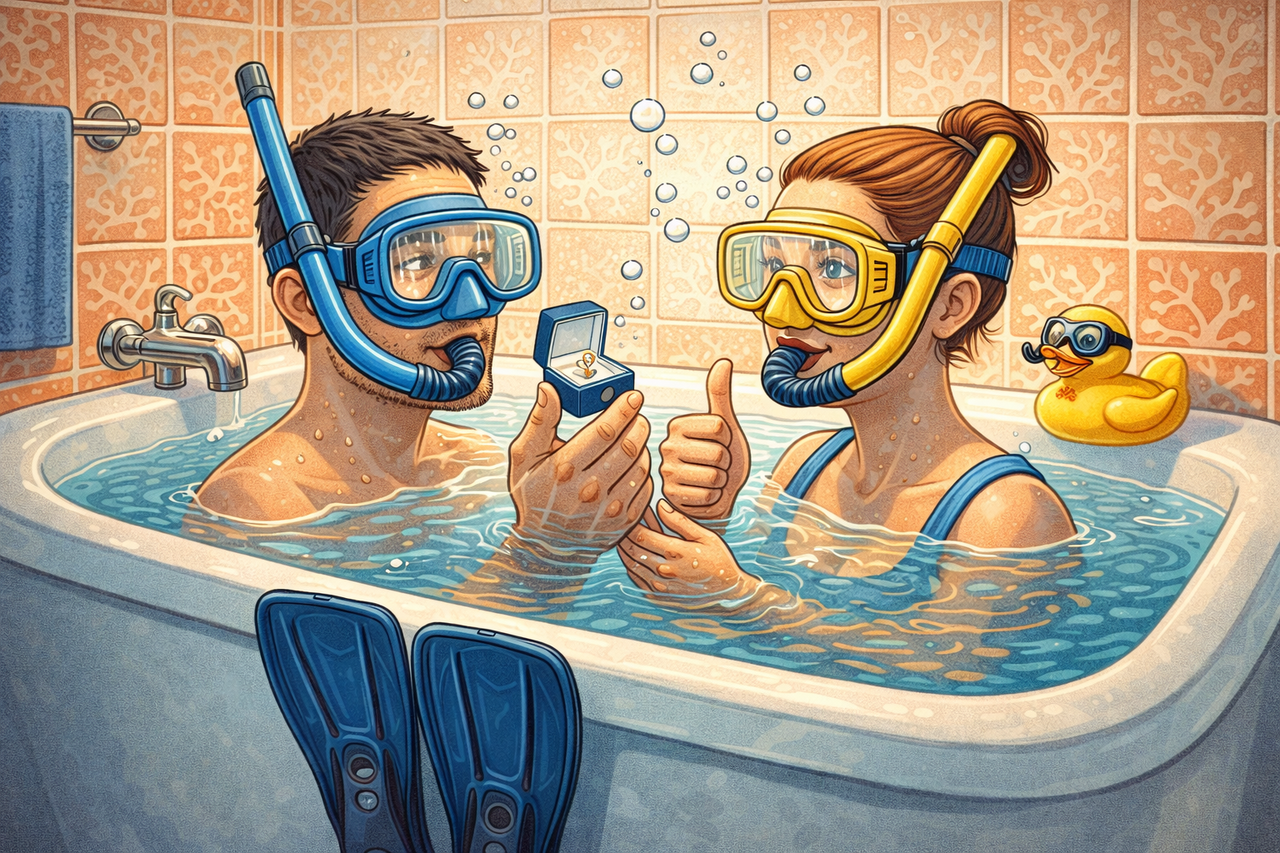 Illustration of a couple wearing snorkeling masks in a bathtub while one proposes with a ring box underwater, inspired by James Hetfield’s scuba proposal.