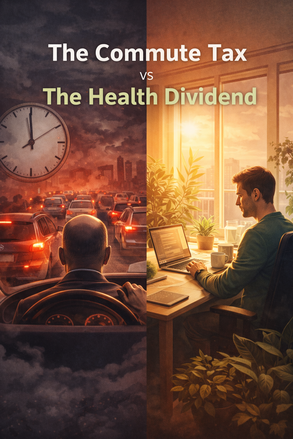 Split illustration showing a stressed commuter stuck in traffic on one side and a calm person working from home in a bright, plant-filled room on the other, symbolizing the health and lifestyle contrast between office commuting and remote work.