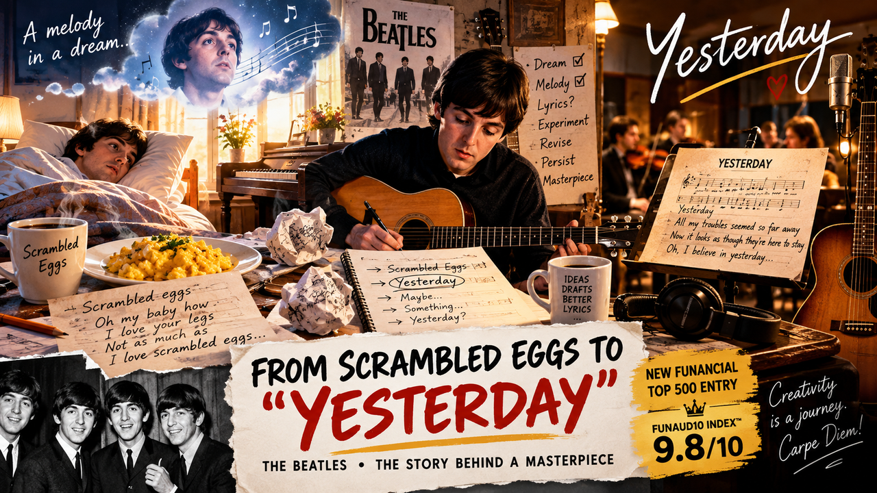 Paul McCartney's Yesterday creative journey, from a dream and scrambled eggs to the Beatles masterpiece, with piano, guitar and musical notes.