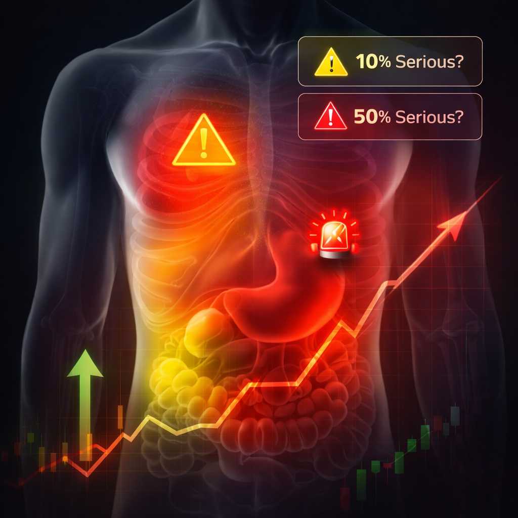 A vivid torso illustration highlights abdominal pain zones with glowing alerts and an upward risk chart, capturing that “is this serious?” tension perfectly.