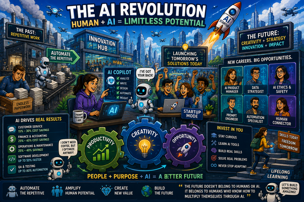 A vibrant cartoon-style city of the future where humans and AI work side-by-side. Entrepreneurs launch startups from laptops powered by glowing AI assistants. Office workers use AI copilots while robots handle repetitive paperwork.
