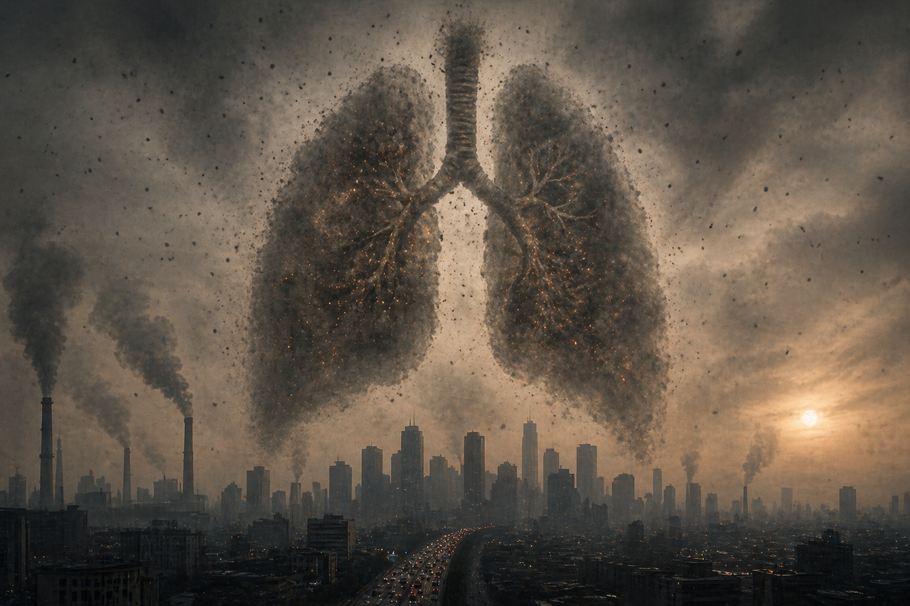 Dark city skyline covered in smog with a faint human lung silhouette forming from polluted air, symbolizing the invisible link between air pollution and long-term health risk