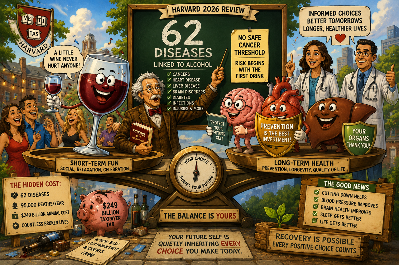 Colorful cartoon illustration showing a wine glass balanced against healthy organs, doctors, and prevention shields on a giant scale. 
