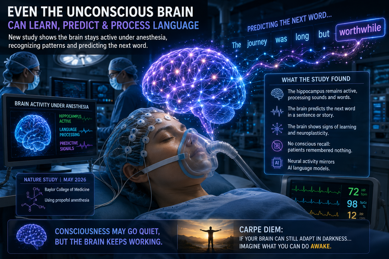 Futuristic illustration of an unconscious human brain processing language and predicting words during anesthesia, with glowing neural pathways and AI-like thought patterns visible above a sleeping patient.