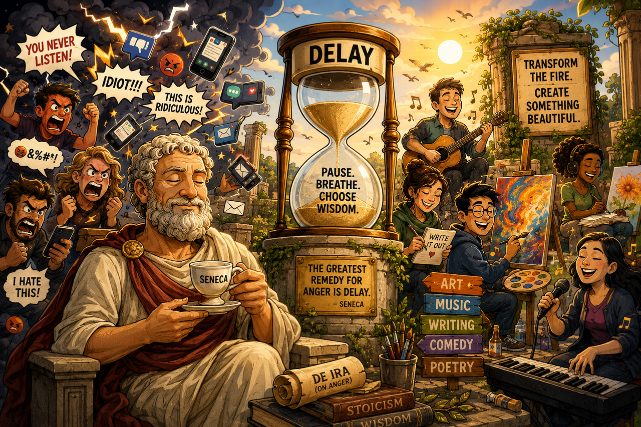 A humorous and colorful cartoon illustration showing Roman philosopher Seneca calmly sipping tea while chaos erupts around him. Angry speech bubbles, lightning bolts, and flying text messages swirl through the air