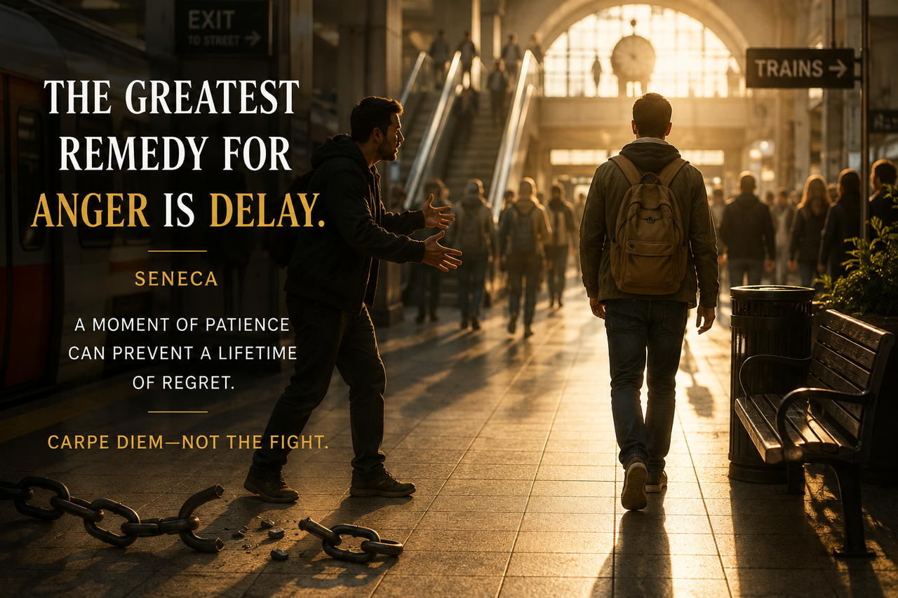 Person walking away from a tense confrontation inside a busy transit station, symbolizing self-control, de-escalation, Stoic wisdom, and choosing peace over conflict.