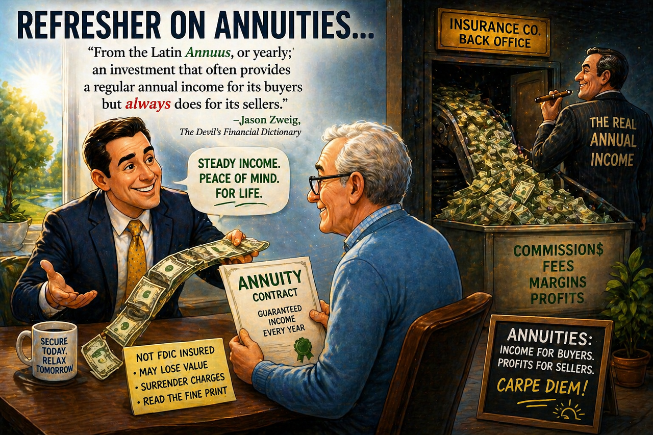 Illustration of a financial advisor smiling while handing a steady stream of cash to a client holding an annuity contract, with a subtle contrast showing the advisor receiving a larger flow of money behind the scenes—symbolizing how annuities work