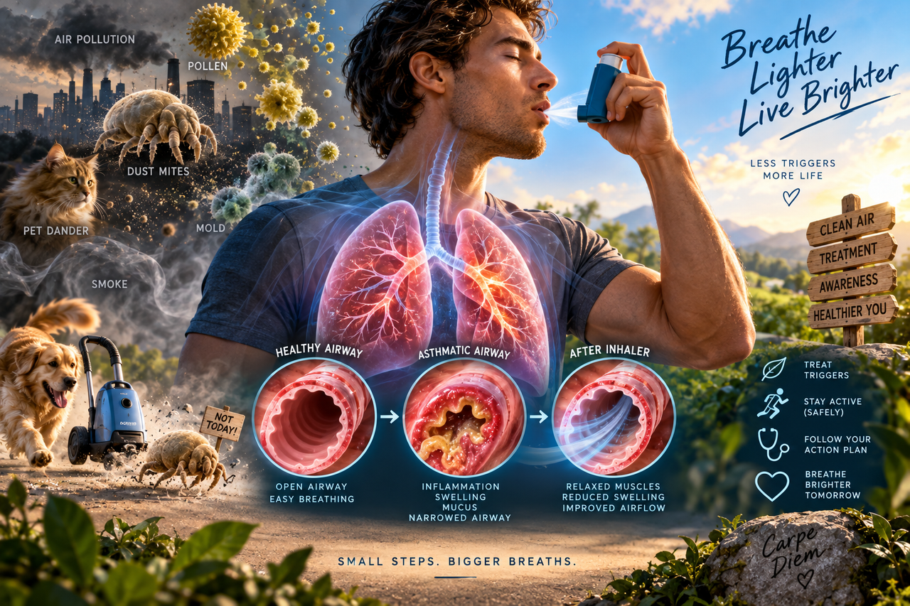 Inflamed asthmatic airway narrows inside human lungs as an inhaler opens airflow, illustrating asthma biology, triggers and treatment.