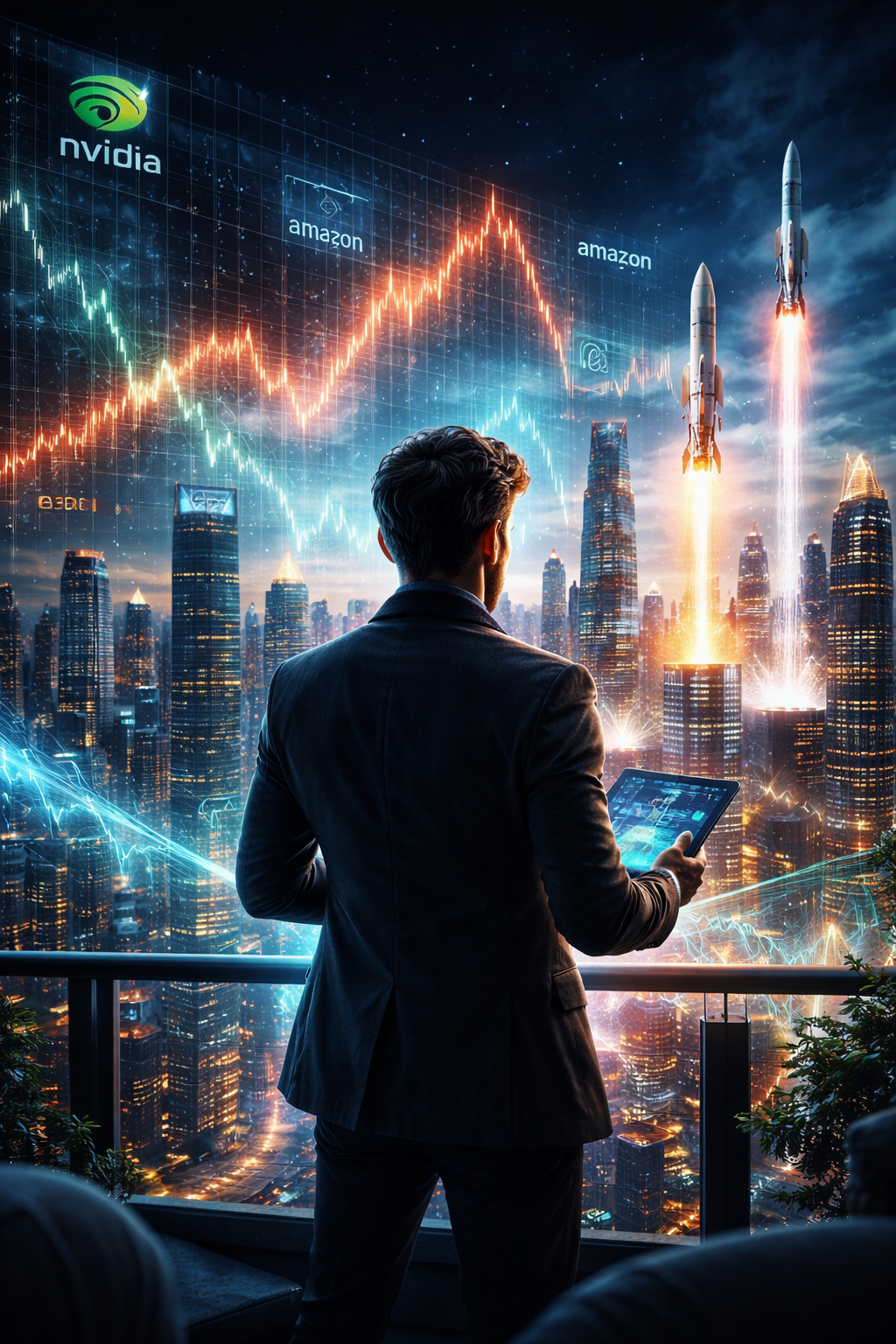 Futuristic investor watching volatile stock charts and emerging tech companies representing long-term growth investing strategy of Baillie Gifford