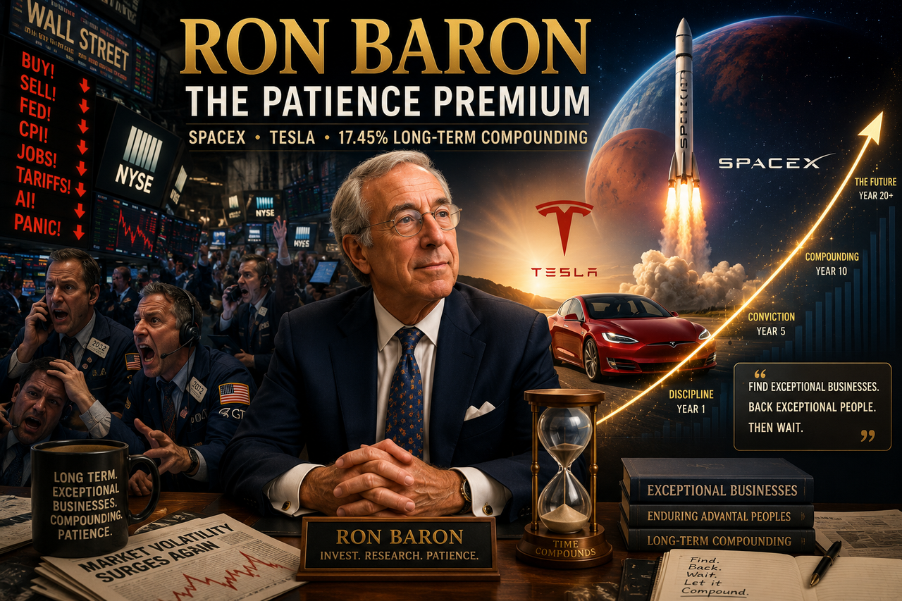 Ron Baron amid Tesla and SpaceX imagery illustrating Baron Capital’s patient growth strategy, concentrated bets and long-term compounding.