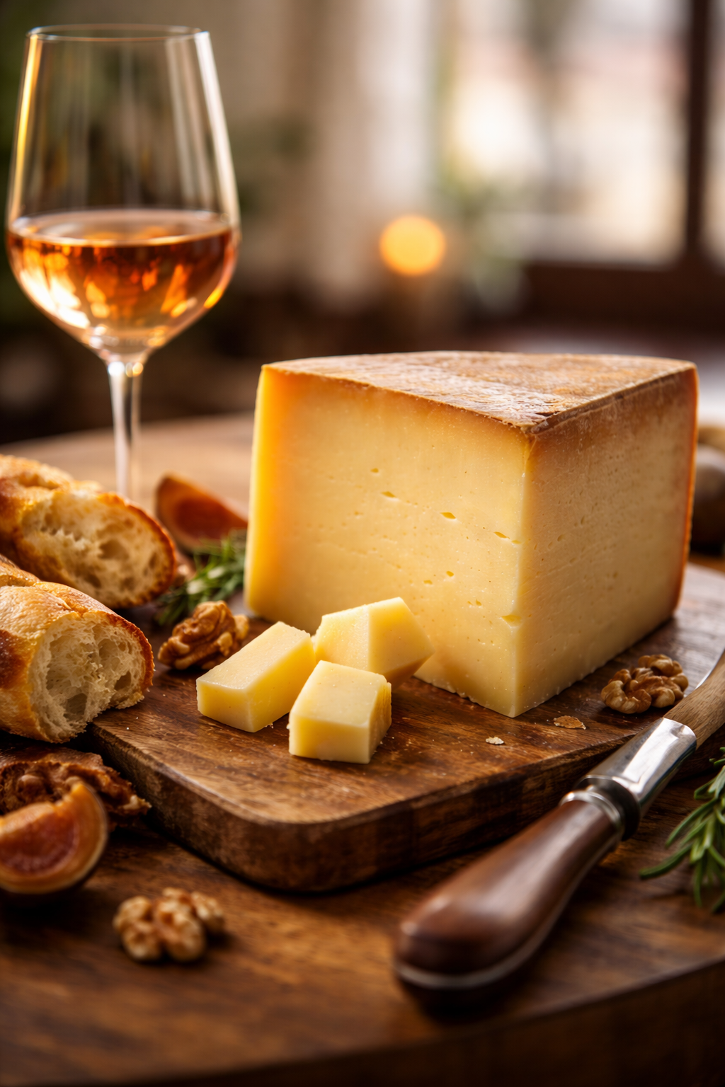 A close-up of creamy Beaufort cheese on a wooden board with crusty bread and a glass of rosé, capturing a luxurious French food moment in Paris.
