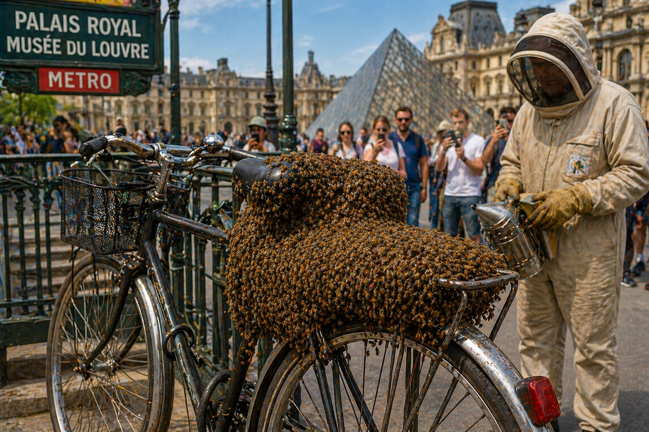 A swarm of thousands of bees clustered on a bicycle seat near the Louvre in Paris, symbolizing unexpected opportunity and startup energy.