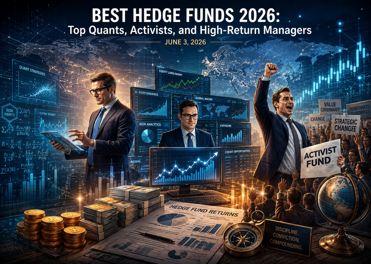 Editorial illustration depicting the world's leading hedge fund strategies in 2026, including quantitative investing, activist investing, global market analysis, risk management, and data-driven portfolio management.
