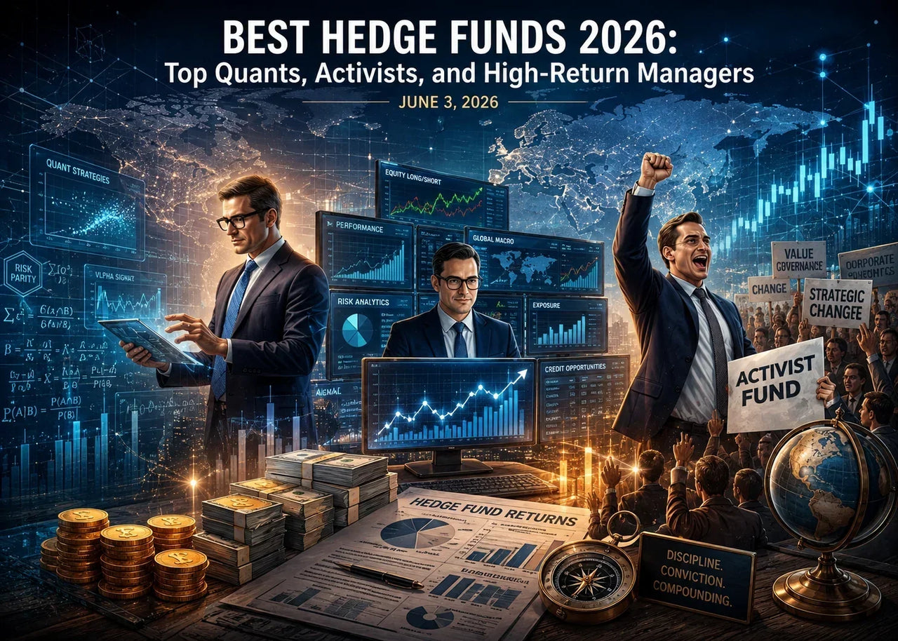 Illustration rendering Best Hedge Funds 2026: Top Quants, Activists, and High-Return Managers evaluating and investing in new opportunities.