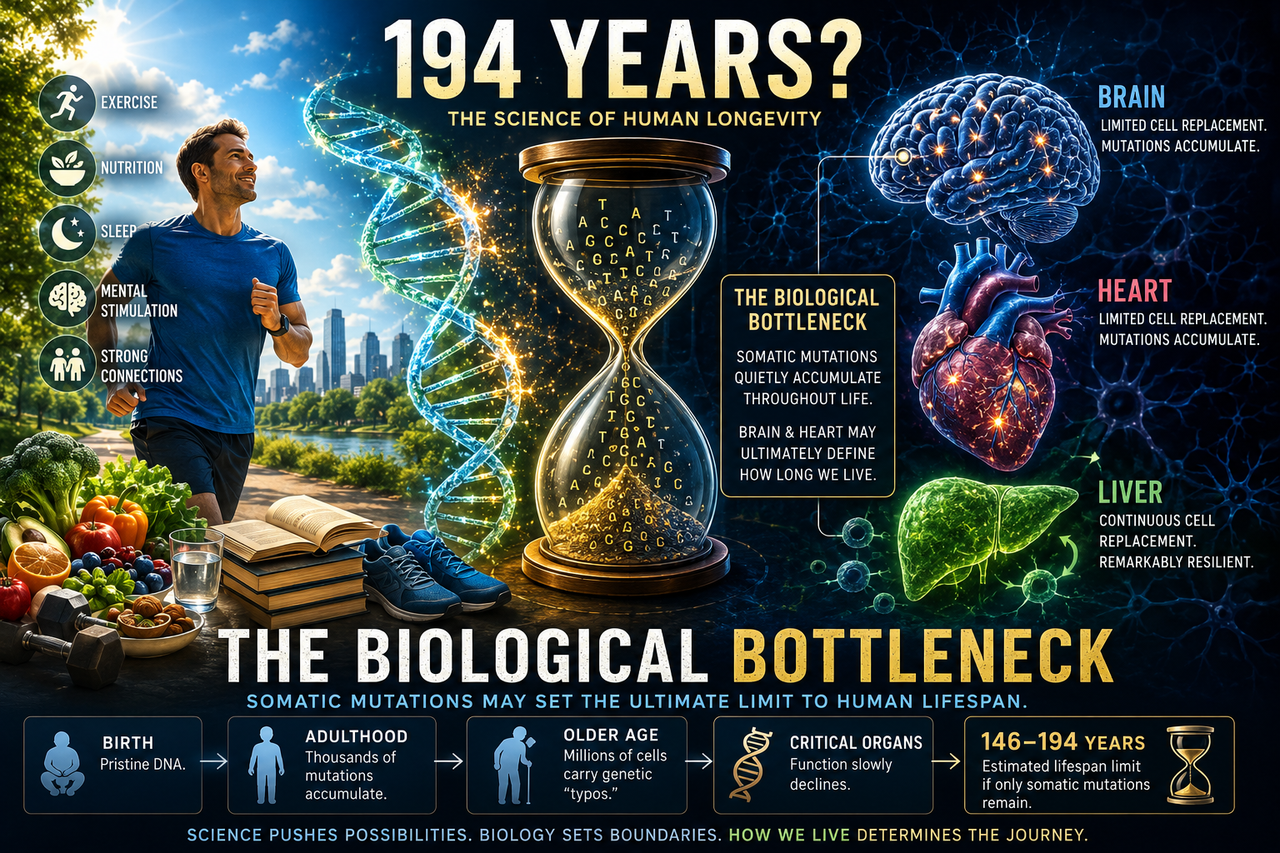 Illustration showing a healthy human beside a glowing DNA helix accumulating tiny mutations, with highlighted brain and heart cells representing the biological bottlenecks that may ultimately limit human lifespan according to a mathematical aging model.