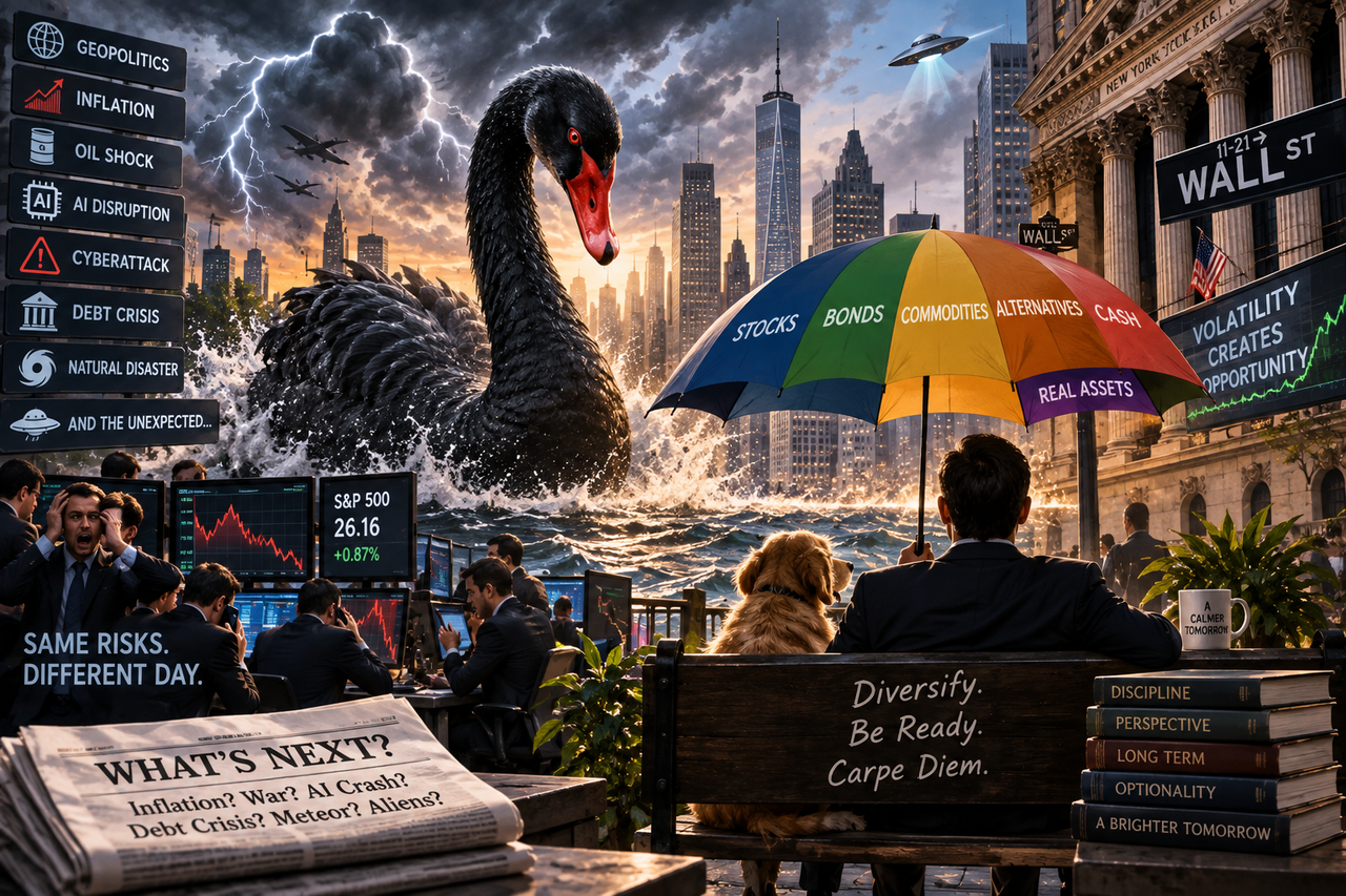 Black swan approaches Wall Street amid market volatility, AI, oil and geopolitical risks as a diversified investor prepares for unexpected shocks.