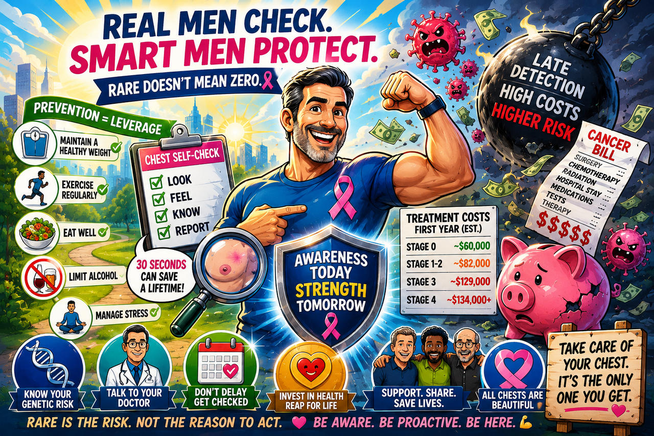 Cartoon-style illustration of a middle-aged man wearing a pink awareness ribbon while examining a humorous financial chart labeled 