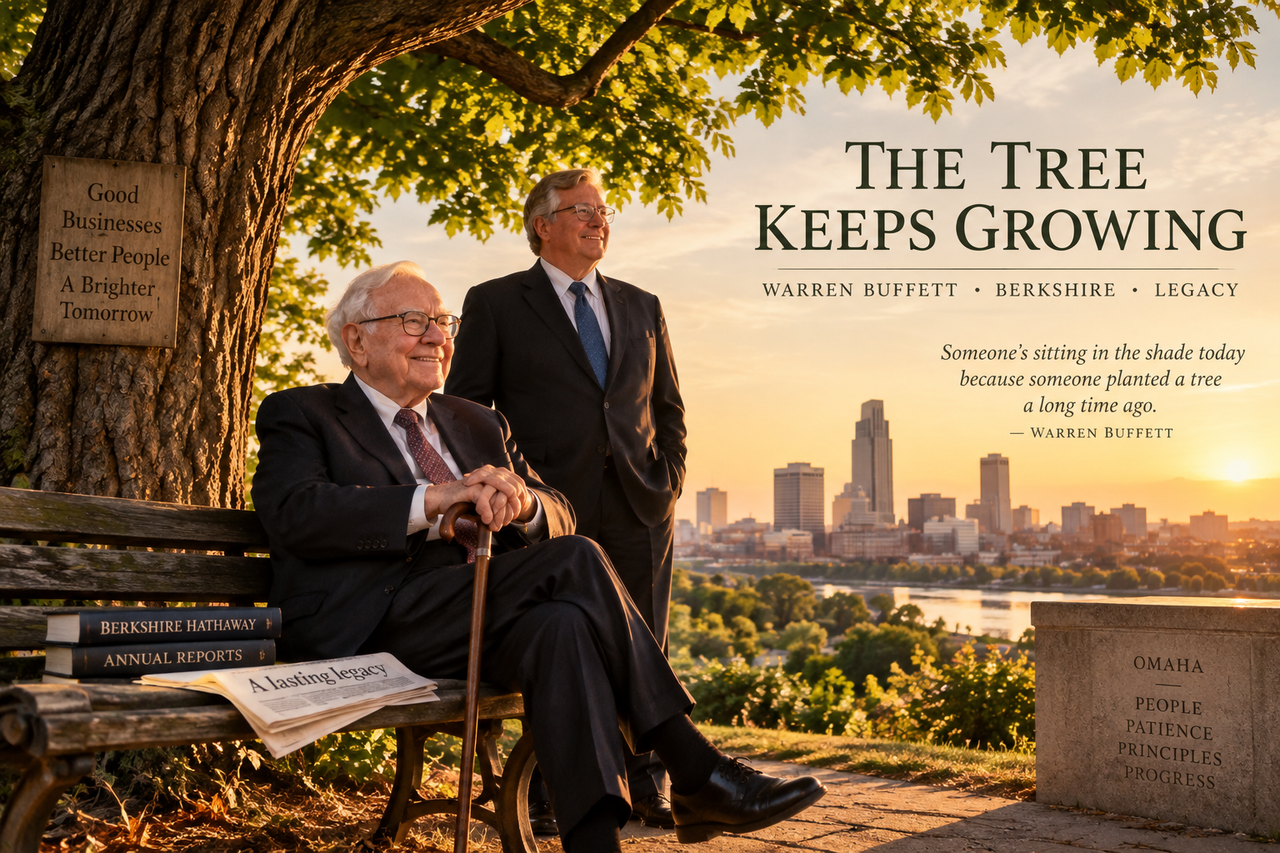 Warren Buffett at 96 beneath a mature tree, symbolizing his Berkshire Hathaway legacy as Howard Buffett succeeds him as chairman.