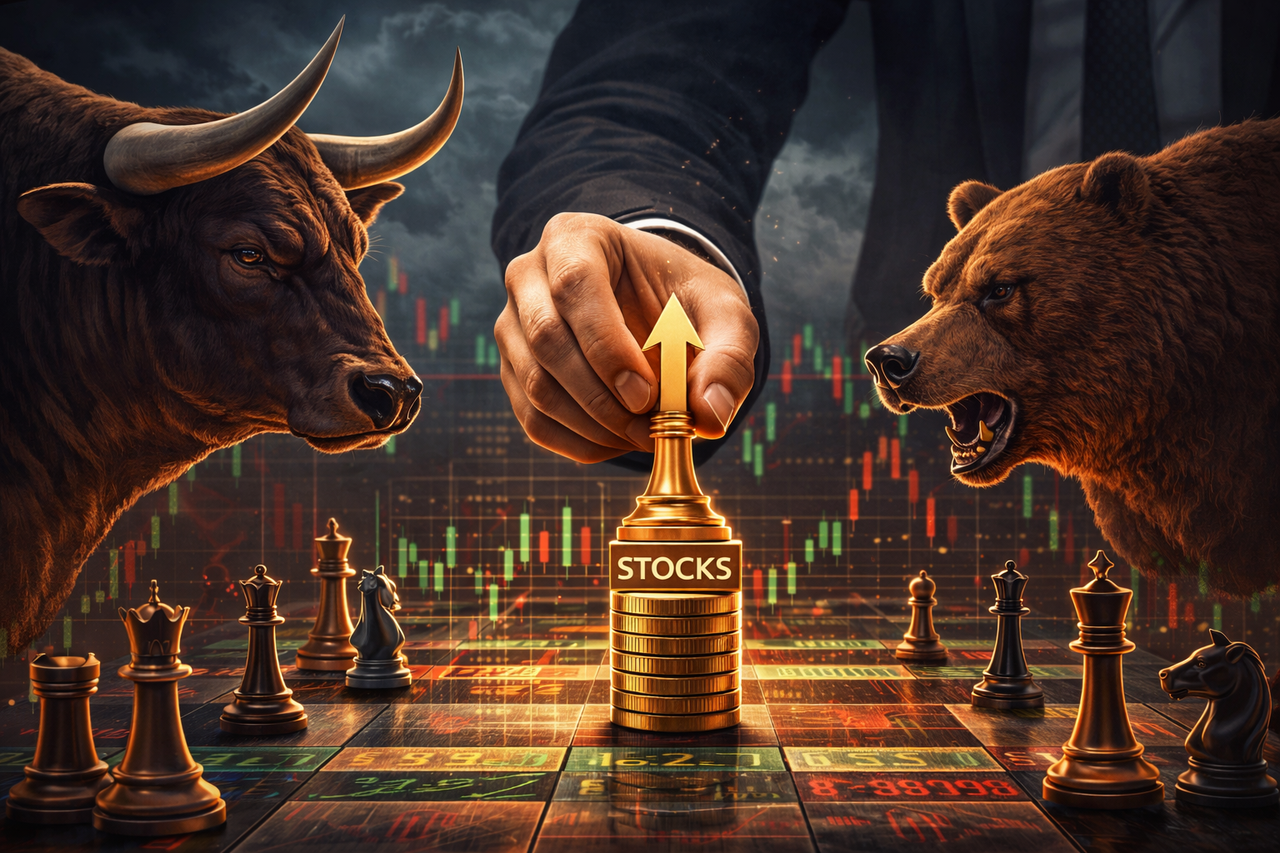 Illustration of bulls and bears facing each other on a chessboard made of stock charts while an investor quietly selects individual stocks, symbolizing hedge funds shorting the market while buying specific companies.