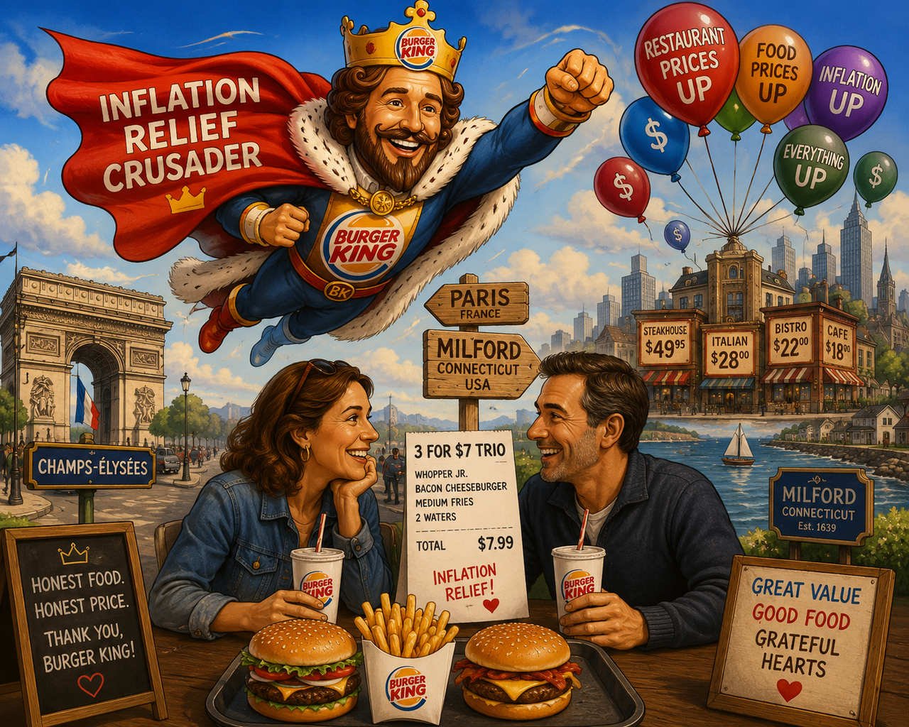 Whimsical illustration showing a smiling Burger King wearing a superhero cape labeled 