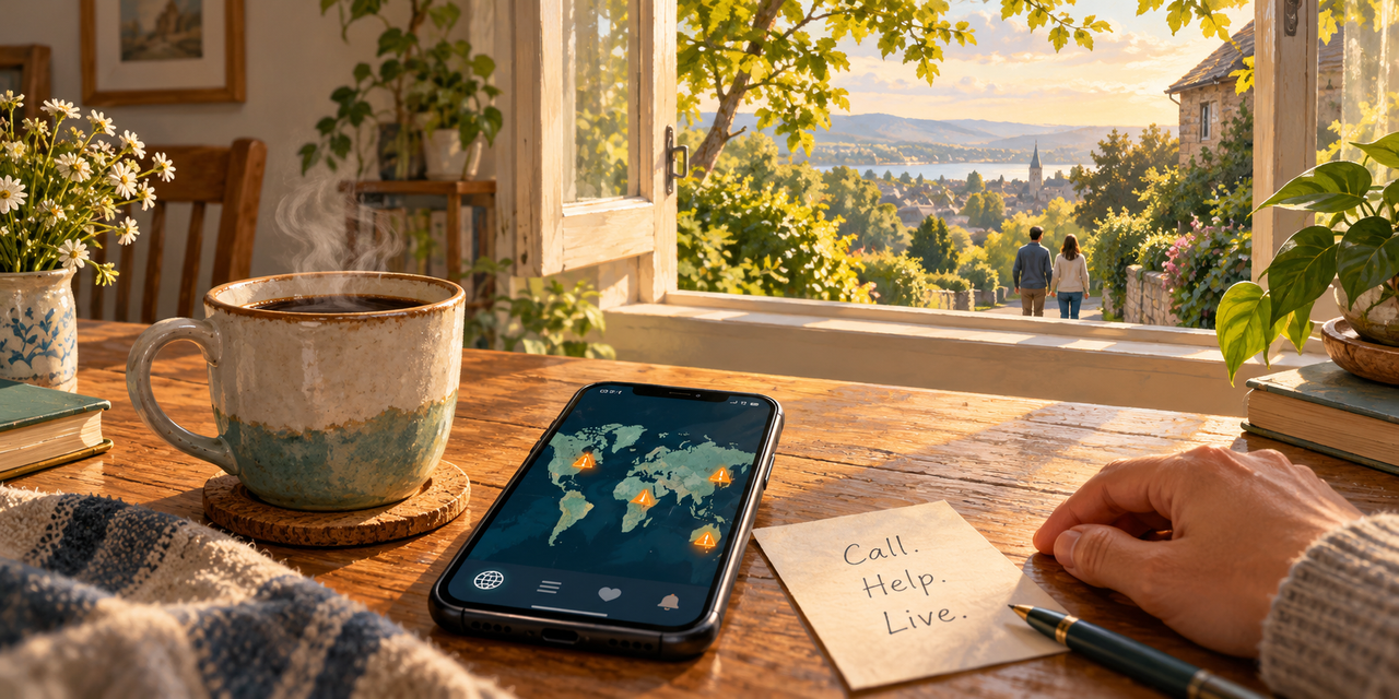 Editorial illustration of a warm cup of coffee beside a phone showing global disaster alerts, with a peaceful morning outside an open window, symbolizing gratitude, awareness and generosity.