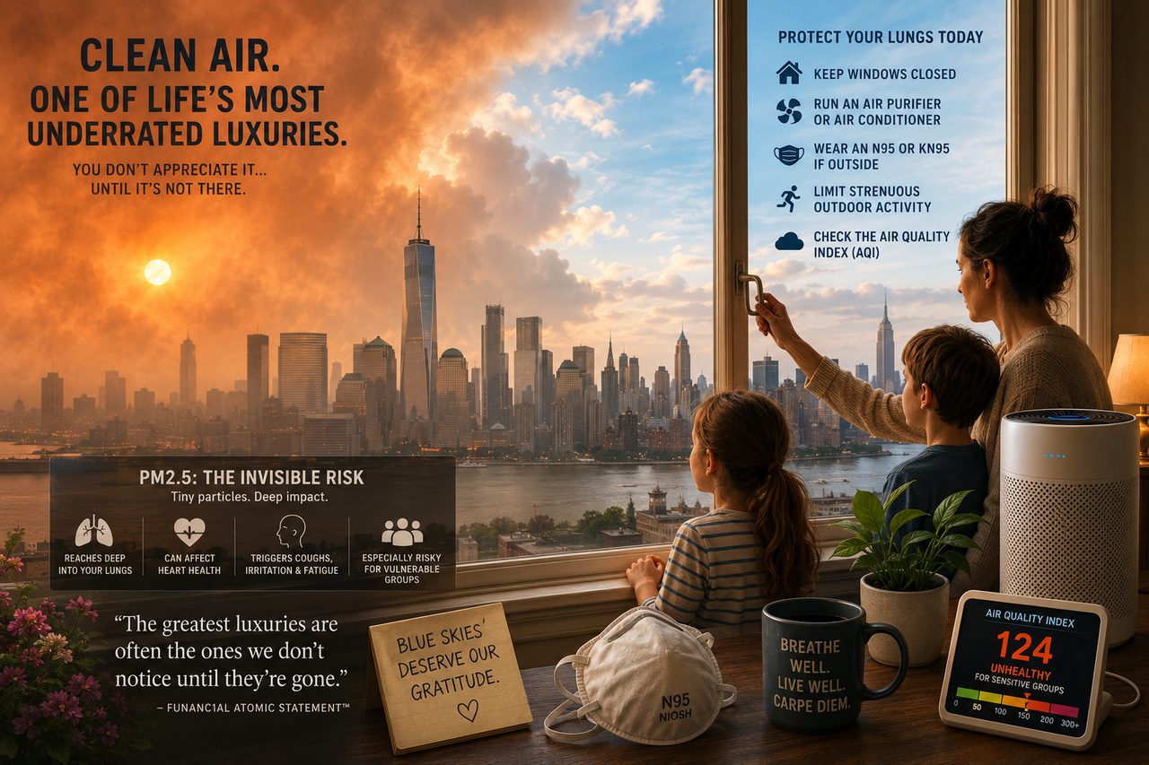 A cinematic editorial illustration showing the New York City skyline partially veiled by soft wildfire smoke drifting south from Canada. The sun glows a vivid orange through the haze while a family quietly closes apartment windows.