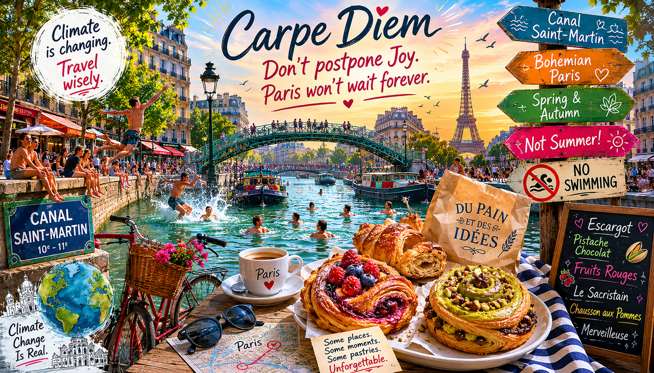 Springtime view of Canal Saint-Martin in Paris with tree-lined promenades, iron footbridges, locals relaxing beside the water, cyclists passing cafés, and a nearby display of Du Pain et Des Idées pastries including pistachio-chocolate and berry escargots