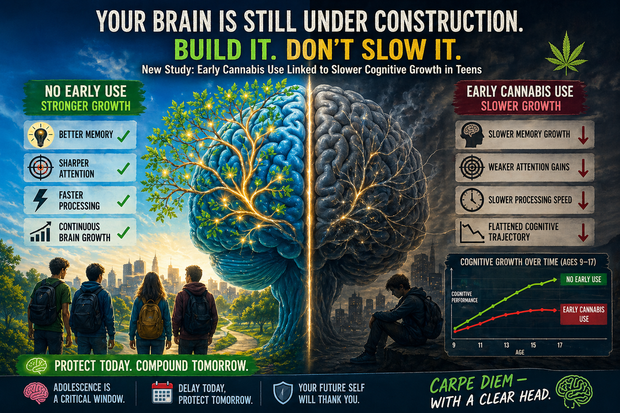 Illustration of adolescent brain development showing contrast between normal cognitive growth and slowed progression linked to early cannabis use, with memory and attention themes.