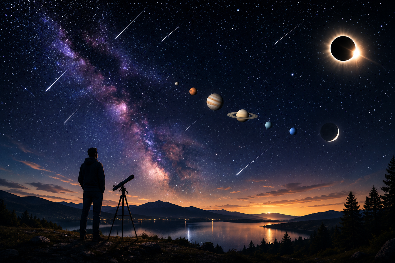 A lone stargazer stands beneath a spectacular night sky featuring a six-planet alignment, Perseid meteors, a dark new moon, and a solar eclipse, capturing the beauty of astronomy and the timeless invitation to appreciate the vastness of the universe.