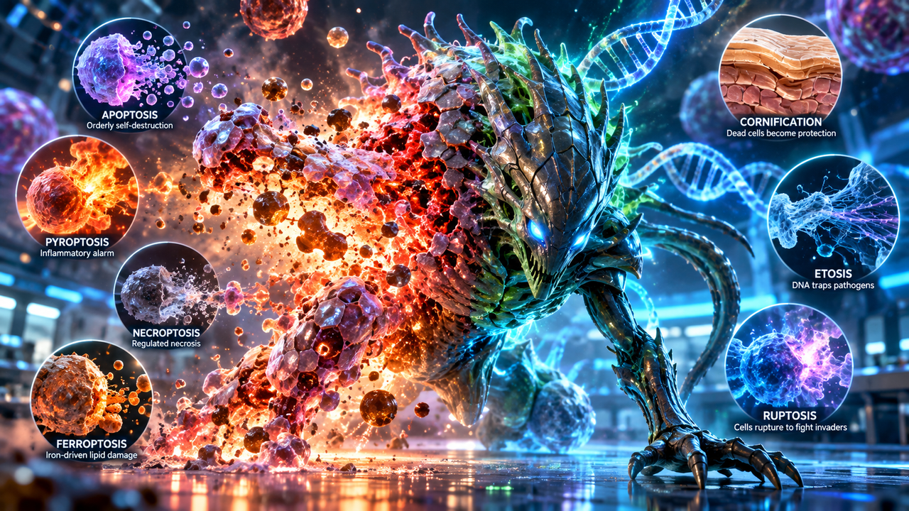 Alien organism regenerating from dying cells, illustrating apoptosis, pyroptosis and cell death engineering as pathways to renewal and survival.