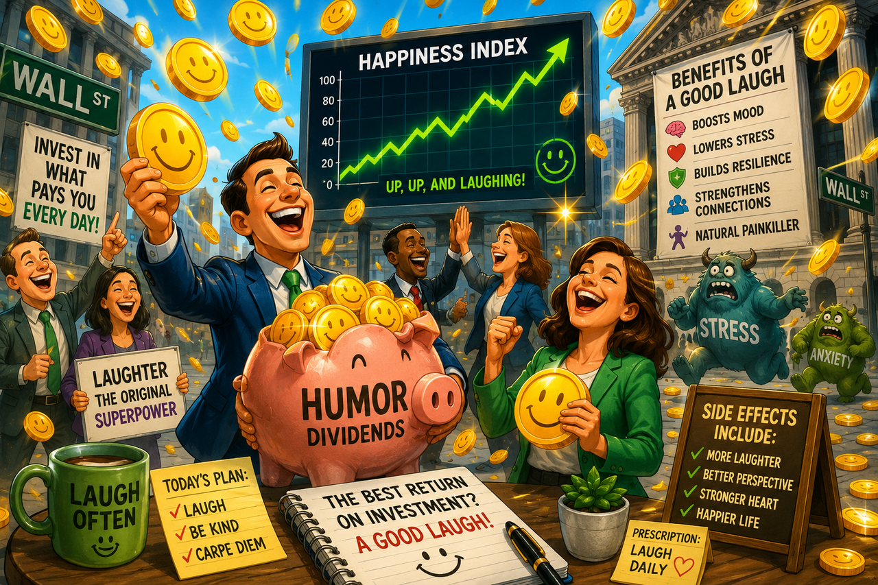 A joyful cartoon-style Wall Street scene where giant golden coins stamped with smiling faces rain from the sky. People are laughing, high-fiving, and carrying piggy banks overflowing with 
