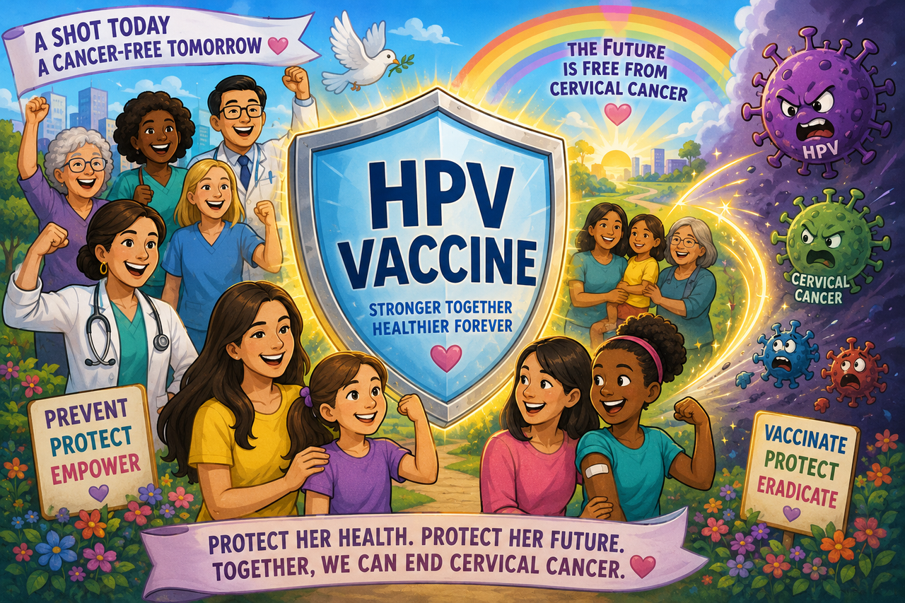 Illustration showing doctors and families celebrating as a giant shield labeled HPV Vaccine protects women and girls from virus characters, symbolizing hope, prevention, and the future eradication of cervical cancer.