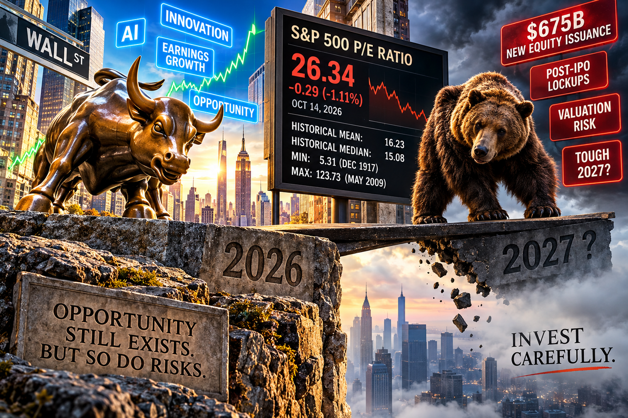 Wall Street bull market faces 2027 warning signs as the S&P 500 trades at a 26.34 P/E ratio, far above its historical average.  Copy alt text
