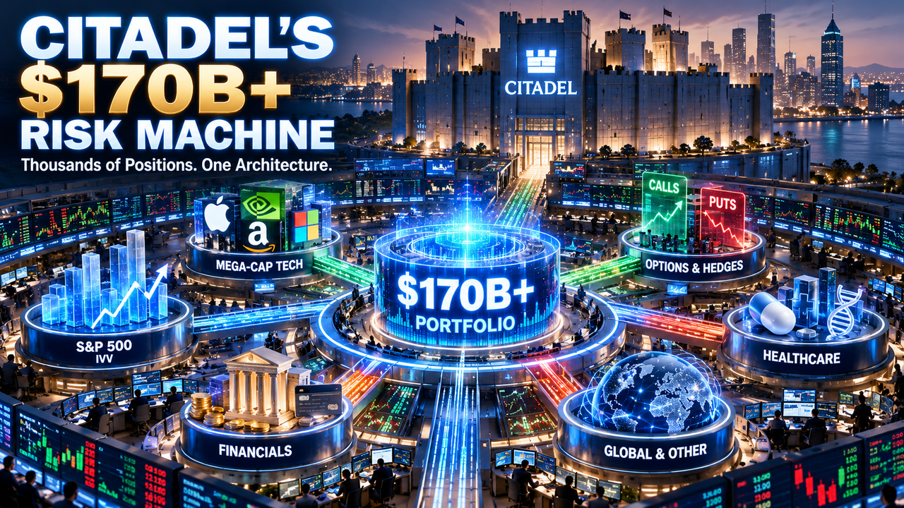 Citadel portfolio illustration showing a $170B+ risk machine connecting index holdings, mega-cap stocks, options, hedges and diversified positions.