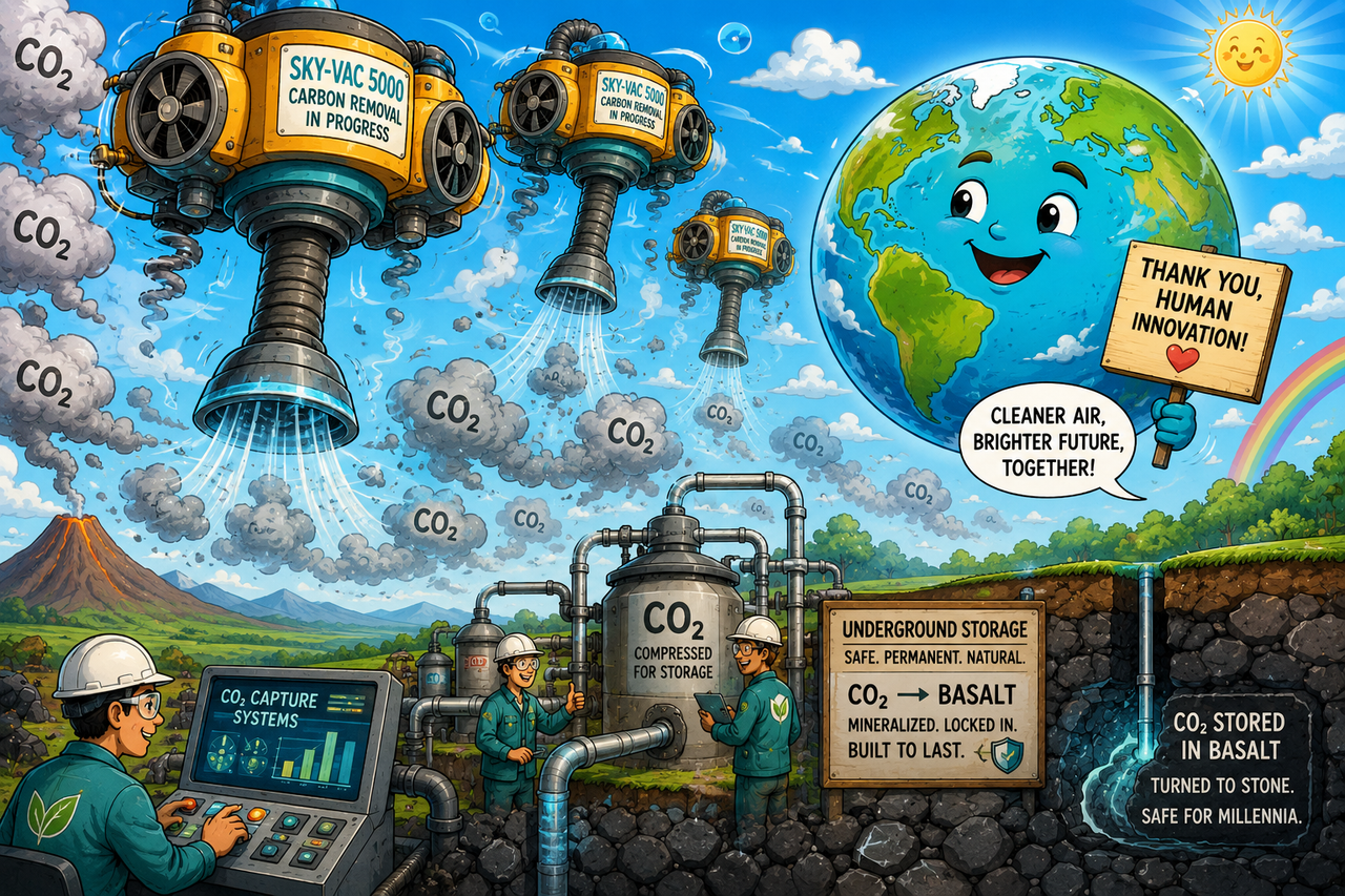 Illustration of giant sky-vacuum machines removing carbon dioxide from the atmosphere while engineers store it underground in volcanic basalt formations. The Earth smiles happily as climate technology helps clean historical emissions.