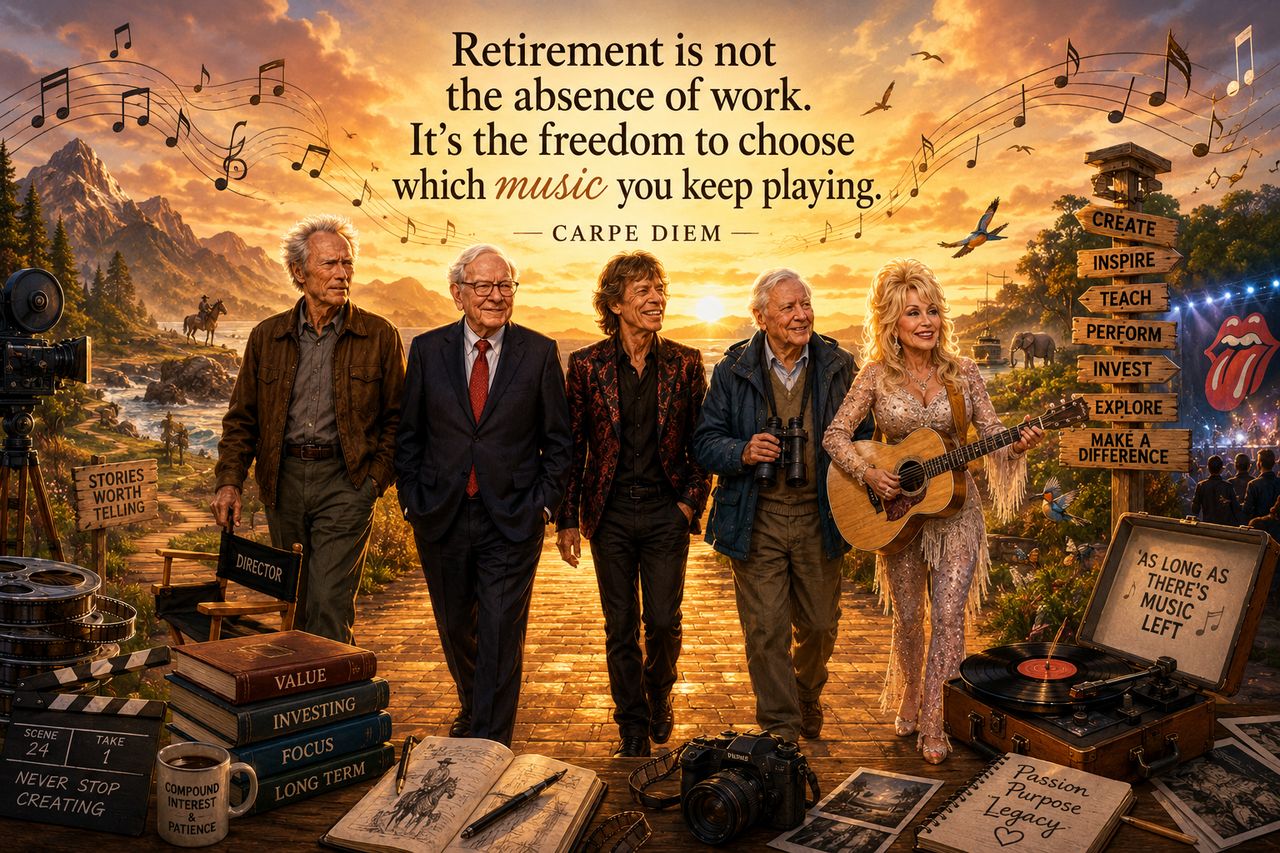 Inspirational illustration of legendary creators, performers, investors, and storytellers continuing their life's work into old age. A filmmaker, investor, musician, naturalist, and performer walk along a golden path surrounded by artistic symbols.