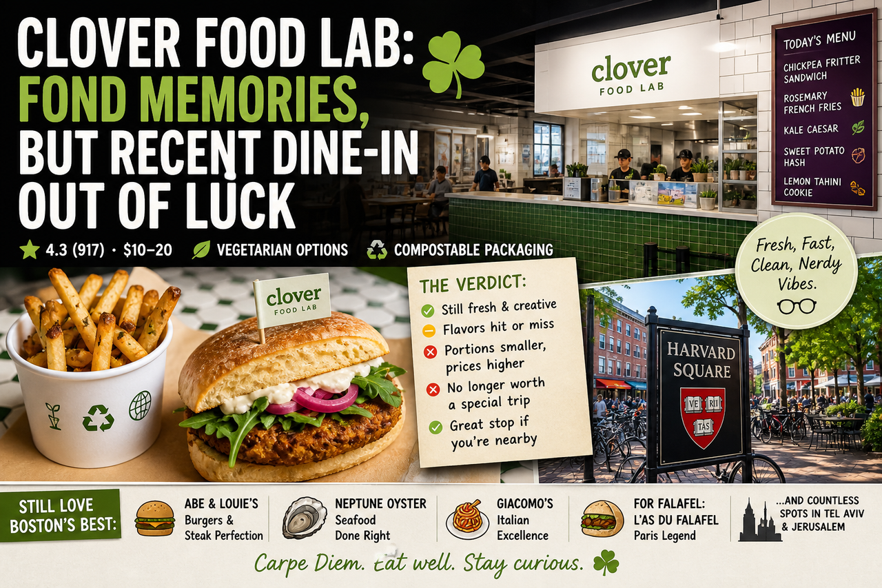 Clover Food Lab Harvard Square interior with chickpea fritter sandwich and rosemary fries, highlighting a modern vegetarian fast-casual restaurant review experience in Cambridge Massachusetts.