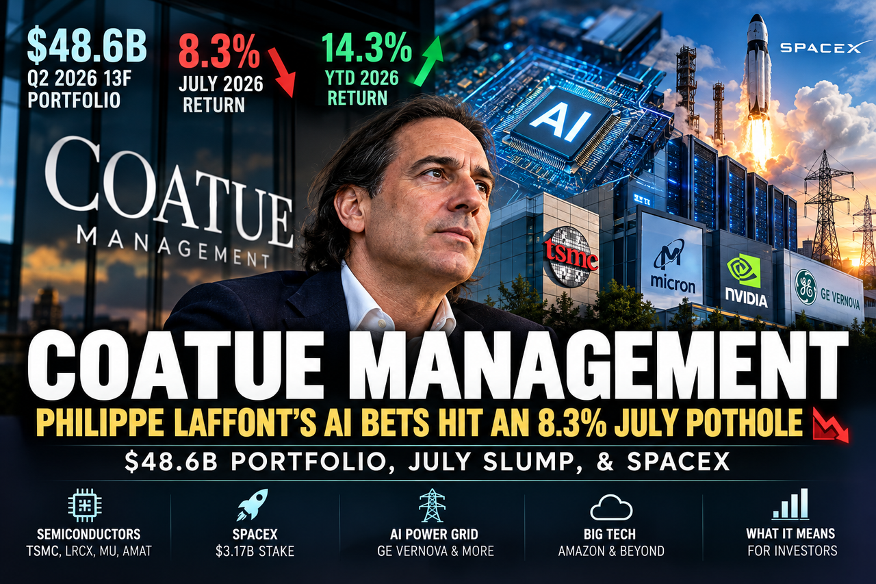 Coatue Management hedge fund illustration featuring AI chips, SpaceX, a July 8.3% decline and Philippe Laffont's $48.6B 13F portfolio.